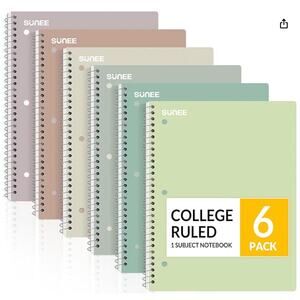 College Ruled Paper, 8" x 10-1/2", 70 Sheets per Notebook- 6 Pack, Multicolor